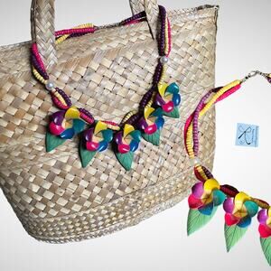 Vintage Wood Tropical Floral Statement Necklace